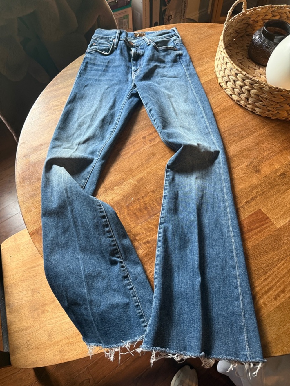 MOTHER Distressed Light Blue Flare Jeans